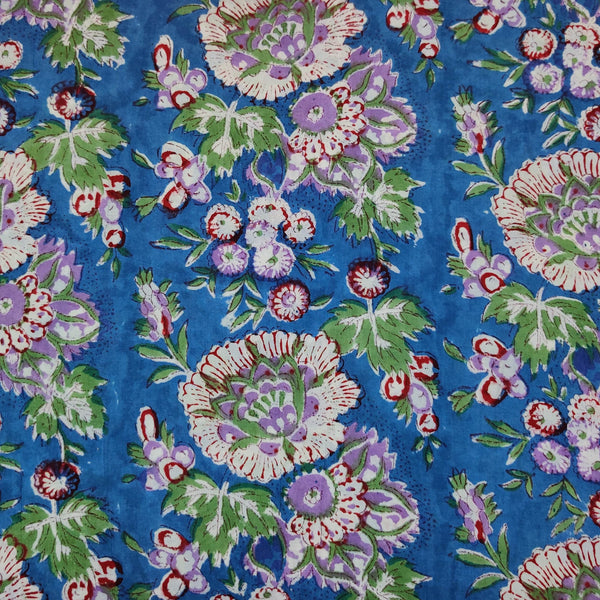 (Blouse Piece 0.80 cm )Pure Cotton Jaipuri Blue With Wild Floral Jaal Hand Block Print Fabric