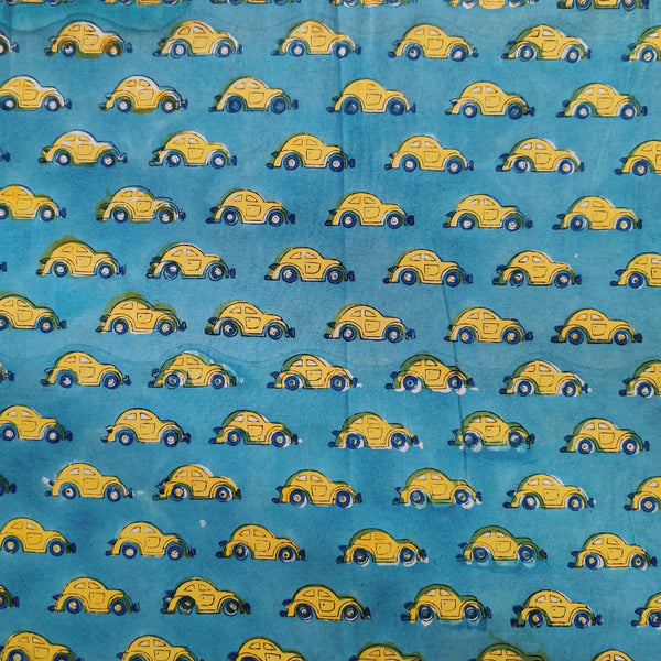 Pre-cut 1.40 meter Pure Cotton Jaipuri Blue With Yellow Cars Hand Block Print Fabric