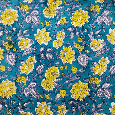 Pure Cotton Jaipuri Blue With Yellow Flower Jaal Hand Block Print Fabric