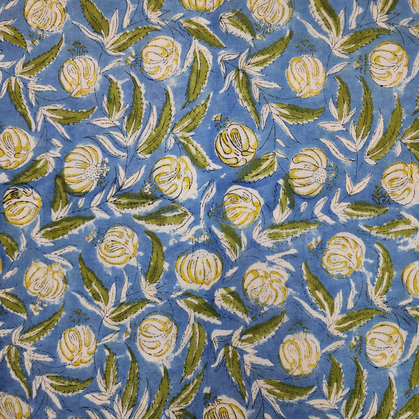 BLOUSE PIECE 1 METER Pure Cotton Jaipuri Blue With Yellow Poppy Jaal Hand Block Print Fabric
