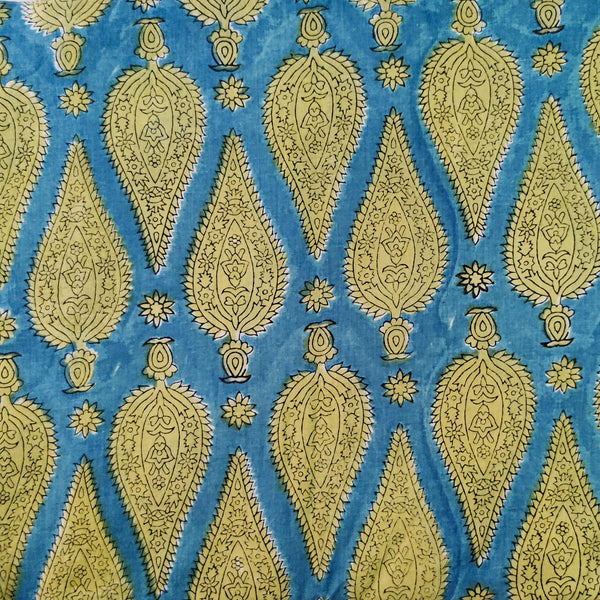 ( Pre-Cut 1.25 Meter ) Pure Cotton Jaipuri Blue With Yellow Tribal Cypress Hand Block Print Fabric