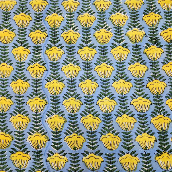 ( Pre-Cut 1.90 Meter ) Pure Cotton Jaipuri Blue With Yellow Tulips Flower Hand Block Print Fabric