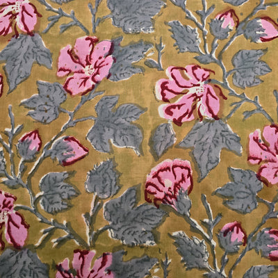 Pure Cotton Jaipuri Brown With Grey With Pink Lily Flower Jaal Hand Block Print Fabric