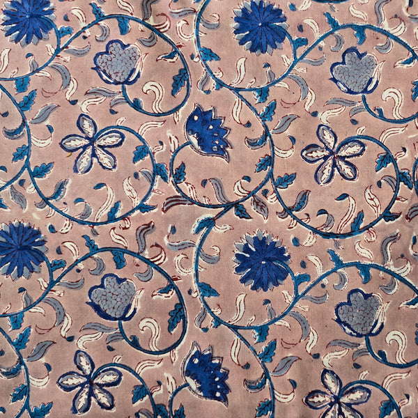 Pure Cotton Jaipuri Chicku Brown With Blue Flower Jaal Hand Block Print Fabric