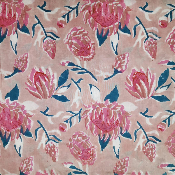 ( PRE-CUT 1.90 METER ) Pure Cotton Jaipuri Chicku Brown With Pink Flower Jaal Hand Block Print