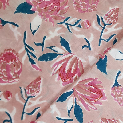( Blouse Piece 1.15 Meter )Pure Cotton Jaipuri Chicku Brown With Pink Flower Jaal Hand Block Print