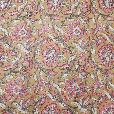 Pure Cotton Jaipuri Chicku Colour With Pink Flower Jaal Hand Block Print Fabric