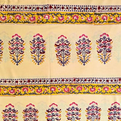 Pure Cotton Jaipuri Cream Big Border With Flower Motif Hand Block Print Fabric
