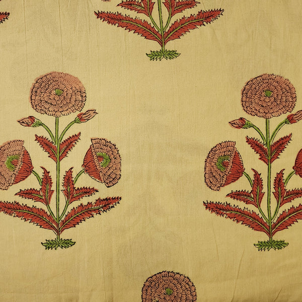 Pure Cotton Jaipuri Cream With Big Flower Motif Hand Block Print Fabric