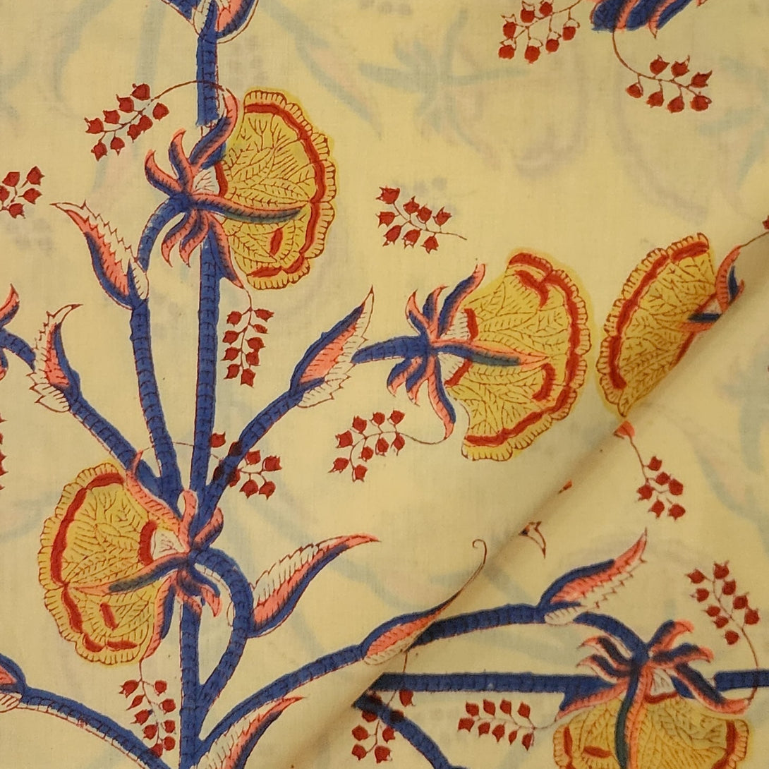 Pure Cotton Jaipuri Cream With Blue And Mustard Flower Creeper Hand Bl ...