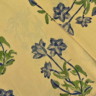 Pure Cotton Jaipuri Cream With Blueberry Flower Motif Hand Block Print Fabric