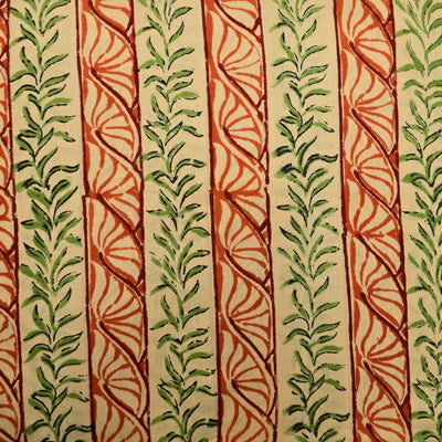 Pure Cotton Jaipuri Cream With Green And Red Border Hand Block Print Fabric