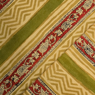 Pure Cotton Jaipuri Cream With Green And Red Border Intricate Design Hand Block Print Fabric