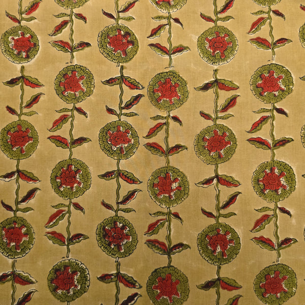 Pure Cotton Jaipuri Cream With Green And Red Fruit Creeper Hand Block Print Fabric