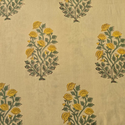 Pure Cotton Jaipuri Cream With Mustard Flower Motif Hand Block Print Fabric
