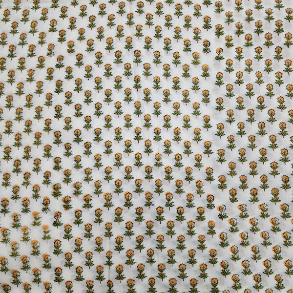 ( Pre-Cut 1.70 Meter ) Pure Cotton Jaipuri Cream With Mustard Tiny Flowers Motif Hand Block Print Fabric