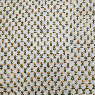 ( Pre-Cut 1.70 Meter ) Pure Cotton Jaipuri Cream With Mustard Tiny Flowers Motif Hand Block Print Fabric