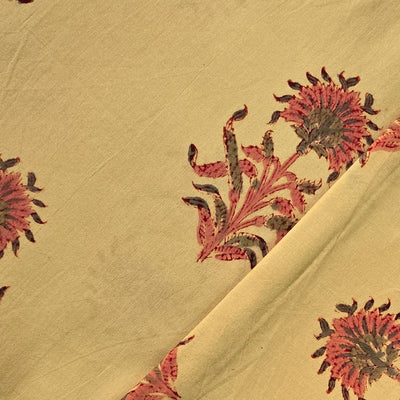 Pure Cotton Jaipuri Cream With Pink Big Flower Motif Hand Block Print Fabric