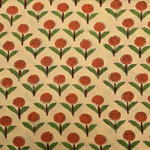 ( Precut 0.95 Meter ) Pure Cotton Jaipuri Cream With Red Flower Buds Motif Hand Block Print Fabric