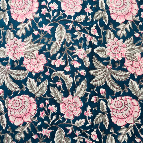 Pure Cotton Jaipuri Dark Blue With Pink And White Rose Flower Jaal Hand Block Print Fabric