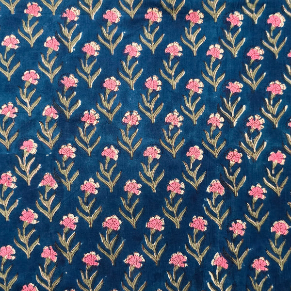 Pure Cotton Jaipuri Dark Blue With Pink Levy Flower Motif Hand Block Print Fabric