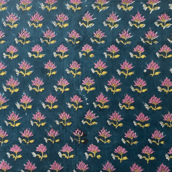 Pure Cotton Jaipuri Dark Blue With Pink Small Flower Motif Hand Block Print Fabric