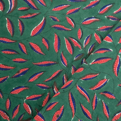Pure Cotton Jaipuri Dark Green With Blue And Pink Leaves Jaal Hand Block Print Fabric