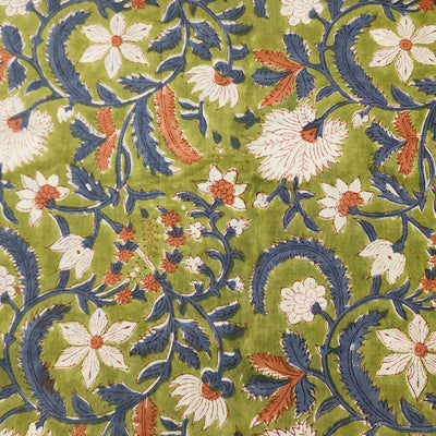 ( Pre-Cut 1.85 Meter ) Pure Cotton Jaipuri Dark Green With Blue And White Flower Jaal Hand Block Print Fabric