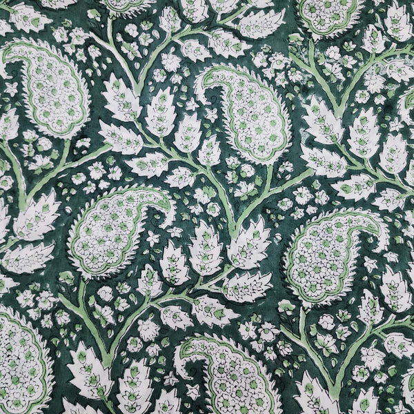 Pure Cotton Jaipuri Dark Green With White Kairi Jaal Hand Block Print Fabric