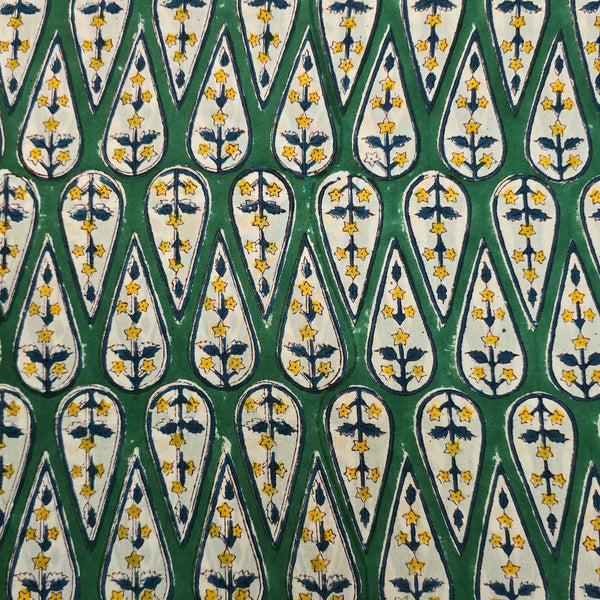 ( Pre-Cut 1.95 Meter ) Pure Cotton Jaipuri Dark Green With White Leaves Motif Hand Block Print Fabric