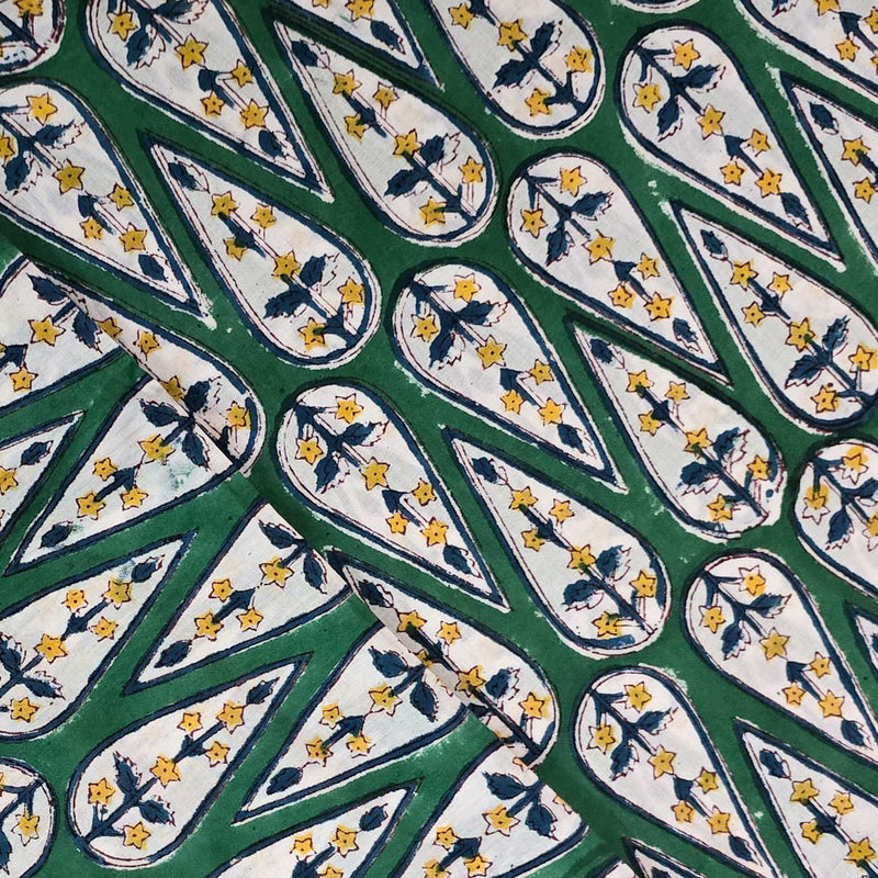 ( Pre-Cut 1.95 Meter ) Pure Cotton Jaipuri Dark Green With White Leaves Motif Hand Block Print Fabric