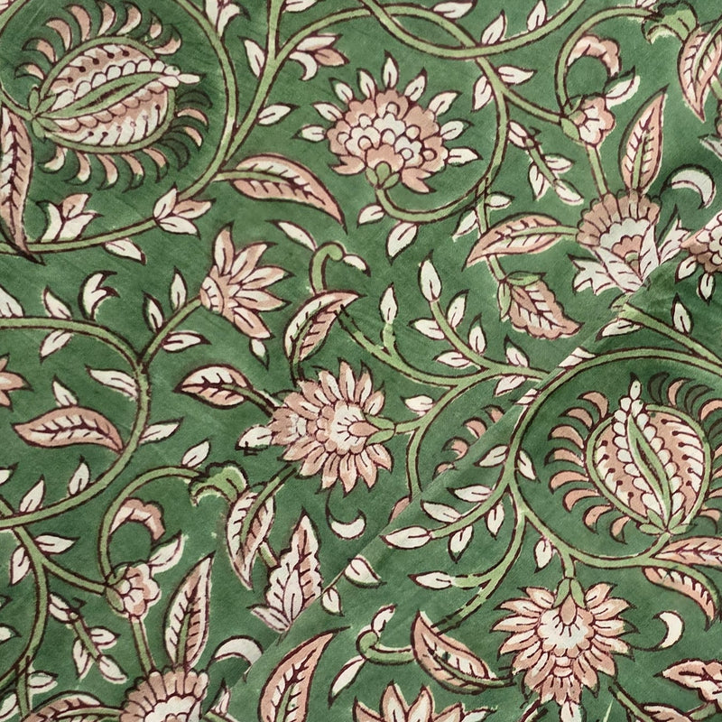 Pure Cotton Jaipuri Dark Green With White Onion Flower Jaal Hand Block Print Fabric
