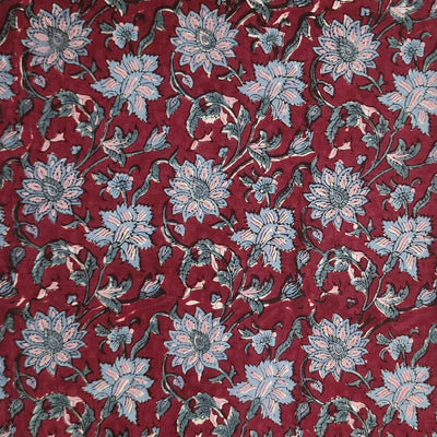 (Pre-Cut 1.75 Meter )Pure Cotton Jaipuri Dark Maroon With Blue Flower Jaal Hand Block Print Fabric