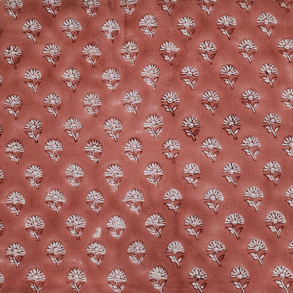( Pre-Cut 1.25 Meter ) Pure Cotton Jaipuri Dark Peach With Tiny Flowers Motif Hand Block Print Fabric