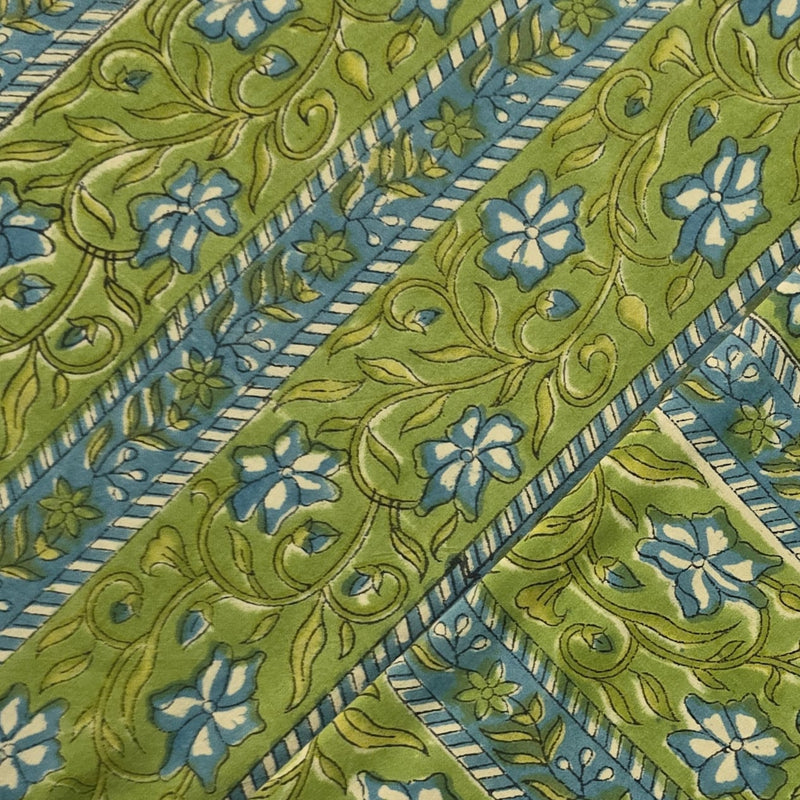 Pure Cotton Jaipuri Green With Blue Border And Flower Creeper Hand Block Print Fabric