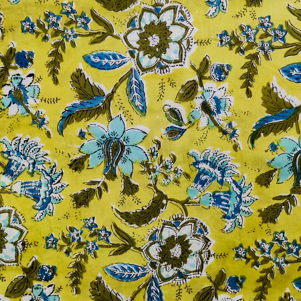 Pure Cotton Jaipuri Green With Blue Jungle Flower Jaal Hand Block Print Fabric