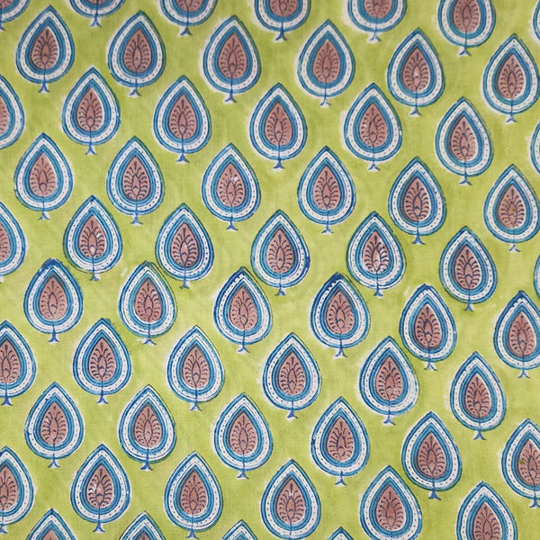 Pre-Cut 1.80 Meter Pure Cotton Jaipuri Green With Blue Leaves Motif Hand Block Print Fabric