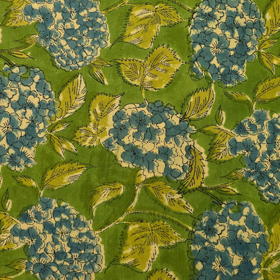 Pure Cotton Jaipuri Green With Blue Wild Flower Hand Block Print Fabric