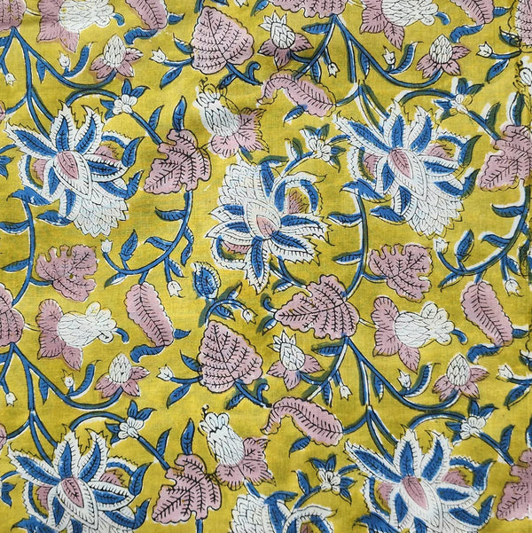 ( PRE-CUT 1.60 METER ) Pure Cotton Jaipuri Green With Blue With Purple Flower Jaal Hand Block Print Fabric