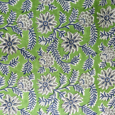 Pure Cotton Jaipuri Green With Grey Flower Jaal Hand Block Print Fabric