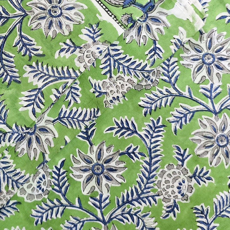 Pure Cotton Jaipuri Green With Grey Flower Jaal Hand Block Print Fabric