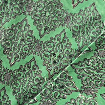 Pure Cotton Jaipuri Green With Grey Intricate Design Hand Block Print Fabric