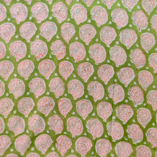 Blouse Piece 1.10 Meter Pure Cotton Jaipuri Green With Highlighted Kairi Motifs Hand Block Print Fabric