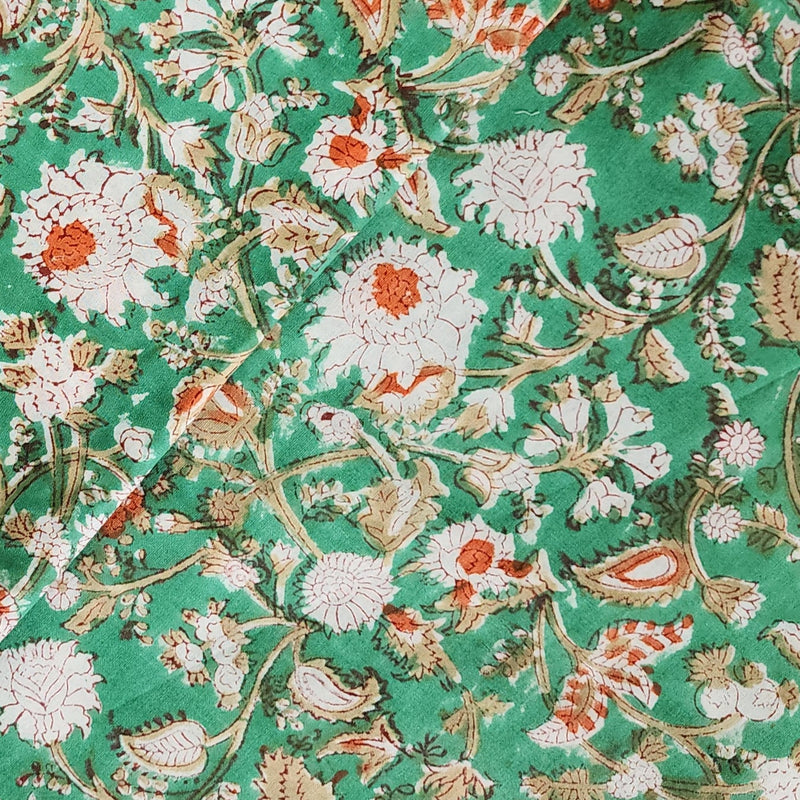 Pure Cotton Jaipuri Green With Jungle Flower Jaal Hand Block Print Fabric