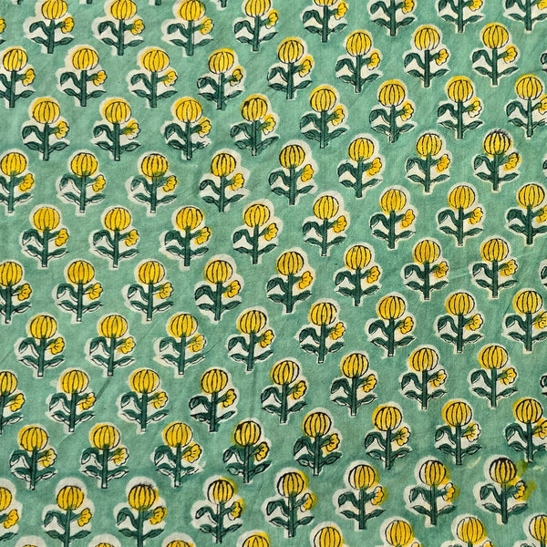 Pure Cotton Jaipuri Green With Light Green Flower Buds Hand Block Print Fabric