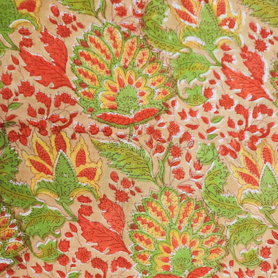 ( Pre-Cut 1 Meter )  Pure Cotton Jaipuri Green With  Orange And Green Wild Flower Jaal Hand Block Print Fabric