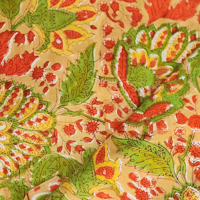 ( Pre-Cut 1 Meter )  Pure Cotton Jaipuri Green With  Orange And Green Wild Flower Jaal Hand Block Print Fabric