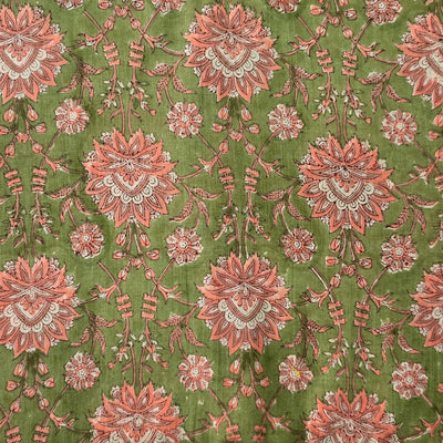 Pure Cotton Jaipuri Green With Peach Flower Jaal Hand Block Print Fabric