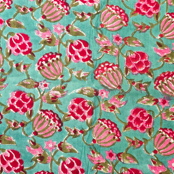 Pure Cotton Jaipuri Green With Pink And Light Pink Carnation Flower Jaal Hand Block Print Fabric