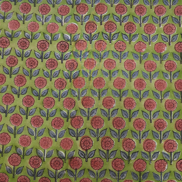 ( Pre-Cut 1.60 Meter ) Pure Cotton Jaipuri Green With Pink Flower Bud Motifs Hand Block Print Fabric